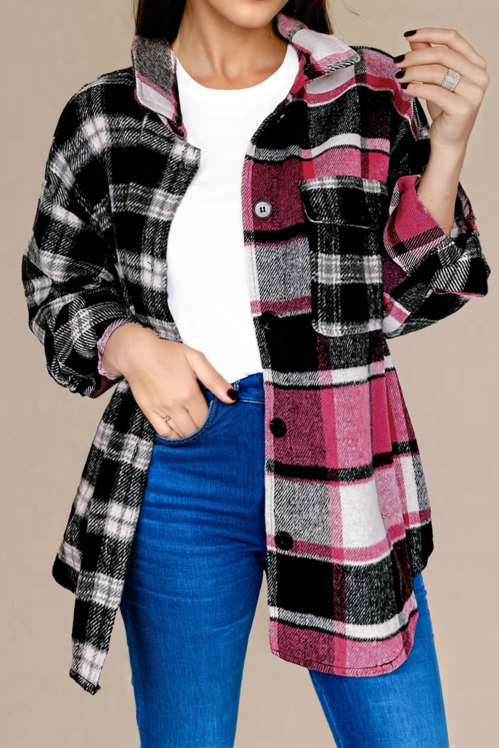 Colorful plaid block shacket with pockets - Love Salve